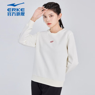 鸿星尔克（ERKE）卫衣女宽松百搭时尚休闲简约保暖圆领运动风女生长袖 冰川白 M