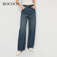 洛可可（ROCOCO）简约酷帅百搭直筒裤女美式复古水洗做旧牛仔裤 深牛仔蓝 L