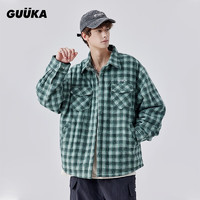 古由卡（GUUKA）潮牌复古格子衬衫棉衣男冬季 加厚保暖棉服外套宽松百搭 绿色 S