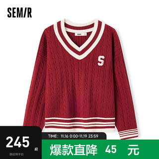 森马（Semir）森马毛衣女撞色V领宽松落肩绞花上衣复古 红色调00366 170/92A/XL