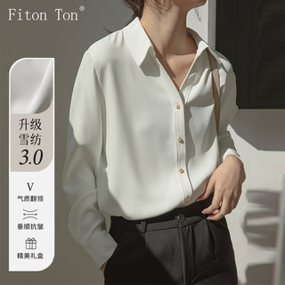 PLUS会员：Fiton Ton FitonTon缎面衬衫女春秋宽松长袖气质垂感衬衣V领显瘦衬衣 白色 L