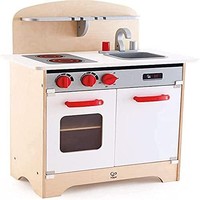 Hape Gourmet 厨房玩具全装备木制假扮游戏厨房套装,带水槽、炉灶、烤箱、橱柜、可转动旋钮和香料架,红色