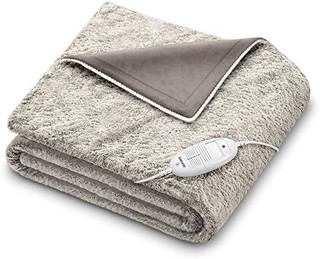 beurer 宝雅乐 HD 75 北欧电热毯，毛皮外观可爱电热毯，6 个温度等级，可机洗，自动关机，米色/棕色