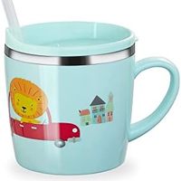 VALUEDER 威仑帝尔 儿童幼儿杯马克杯鸭嘴学习训练杯适用于牛奶咖啡热巧克力不锈钢训练吸管杯带盖,狮子,7 盎司/孔雀蓝