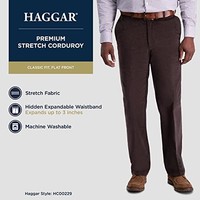 HAGGAR 男士弹力灯芯绒可扩展腰部经典合身平底裤