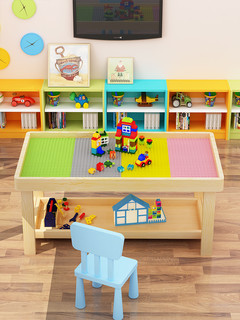 实木儿童双层积木桌子多功能兼容乐高桌宝宝拼装玩具桌沙盘游戏桌