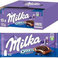 Milka 妙卡 奥利奥三明治棒巧克力 15 x 92 克，精致的妙卡阿尔卑斯牛奶巧克力，10 块迷你原装奥利奥饼干