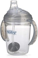 Nuby 努比 防溢 360 加重吸管握把 N' Sip Tritan 杯带卫生盖,双手柄训练杯,4 M+,8 盎司 / 240 毫升,灰色