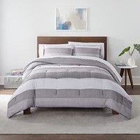 Serta 舒达 Simply Clean Billy 柔软 7 件套条纹床上用品套装带床单和枕套,适用于四季,加大双人床,灰色