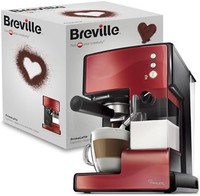 Breville 铂富 PrimaLatte 意式咖啡机 VCF046X 带有15Bar意大利泵，一体式自动奶泡器，金属/红色