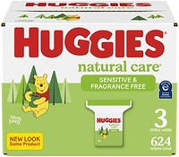 HUGGIES 好奇 敏感婴儿湿巾,Huggies Natural Care 婴儿尿布湿巾,3 包补充包(共 624 张湿巾)包装可能有所不同