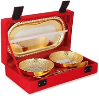 Zap Impex 雕刻镀金黄铜碗托盘和勺子,礼品套装。
