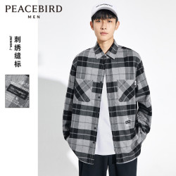 peacebirdwomen太平鸟女装太平鸟男装衬衫男格纹刺绣法兰绒衬衣潮灰色