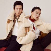 MECITY 女装休闲慵懒仿羊羔绒皮毛一体立领毛呢燕麦色外套女