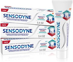 SENSODYNE 舒适达 敏感性牙龈和搪瓷牙膏,三重保护,清爽含氟牙膏,薄荷味 - 3.4 盎司 x 3