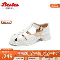 Bata 拔佳 包头凉鞋女2023春夏季新款时尚牛皮镂空复古罗马凉鞋23323AK3 米白 37