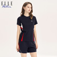 ELLE Active 撞色圆领短袖女夏季2023新款显瘦t恤宽松透气纯棉上衣