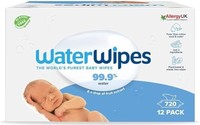WaterWipes 婴幼儿原装无塑料湿巾 720 片（12 包），由 99.9% 水制成，无香型，适合敏感肌肤
