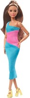 Barbie 芭比 Looks 娃娃,黑发,拼色单肩中长款连衣裙,风格和姿势,时尚收藏品,标志性外观,HJW82
