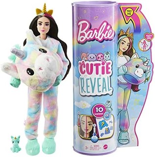 Barbie 芭比 娃娃，Cutie Reveal 独角兽毛绒服装娃娃，带 10 个