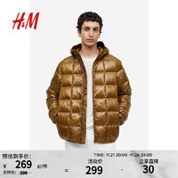 H&M 男装棉衣冬季梭织纯棉绗缝户外轻便连帽外套1169656 深黄色 175/108A