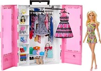 Barbie 芭比 Fashionistas Ultimate Closet 便携式时尚芭比娃娃玩具，带有玩偶，衣物，配件和机库