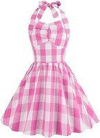 童装女孩复古 20 世纪 50 年代粉色格子连衣裙挂脖摇滚女郎连衣裙
