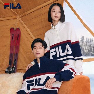 FILA 斐乐 款织衫男女装2023冬舒适针织运动撞色拼接立领毛衣 深默蓝-DB 185/104A/XXL