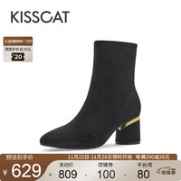 KISSCAT 接吻猫 女靴秋冬新款高跟时装靴加绒真皮短靴女瘦瘦靴KA32782-50 黑色羊绒面皮革 38