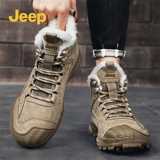 Jeep吉普男鞋靴冬季休闲棉鞋加绒保暖雪地靴户外徒步登山靴子男 卡其 39