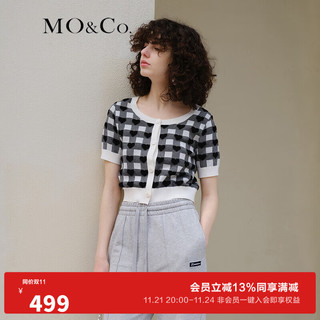 MO&Co. 摩安珂 女士圆领针织开衫 MBB2CART02 黑白小方格色 S