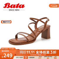 Bata 拔佳 时装凉鞋女2023夏新款百搭一字交叉带羊皮粗高跟凉鞋70279BL3 棕色 38