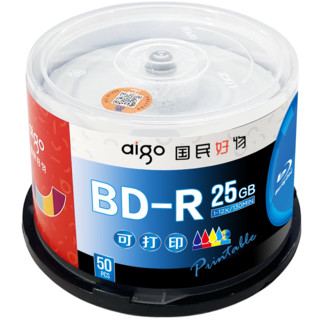 爱国者（aigo）BD-R 6-12速25G 大容量 蓝光空白光盘 刻录光盘 蓝光可打印  50片桶装