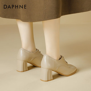 达芙妮（DAPHNE）高跟小皮鞋女冬复古英伦鞋方头系带赫本风百搭单鞋 杏色 39