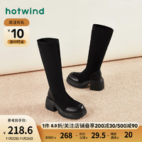热风冬季松糕粗跟增高显瘦弹力靴高筒靴女士 01黑色 36(正码)