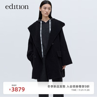 edition毛呢外套女2023冬款连帽翻领中长款牦牛绒羊毛双面呢大衣 黑色 XS/155