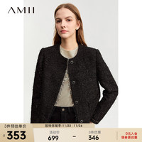 AMII2023冬经典香风仿珍珠扣粗花呢外套女圆领流苏边箱型上衣 黑色 155/80A/S