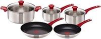 Tefal 特福 H801S5 Jamie Oliver 不锈钢厨锅5件套(含炖锅平底锅)，不粘密封，入门装，红色