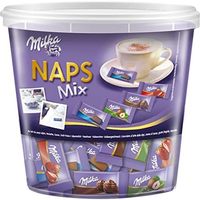 Milka 妙卡 Naps Mix 1 x 1kg 罐装，入口即化的迷你巧克力，由高山牛奶、草莓、榛子和可可奶油制成