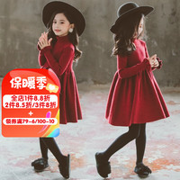 MAKOSBEAR 马可小熊 童装女童连衣裙秋冬装加绒加厚裙子中大童针织毛衣公主裙QB5798 酒红 130(建议身高128cm)