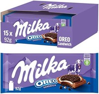 Milka 奥利奥三明治棒巧克力 15 x 92 克，精致的妙卡阿尔卑斯牛奶巧克力，10 块迷你原装奥利奥饼干