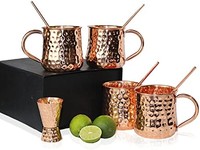 Eunoia Moscow Mule 铜杯(4 件套)搭配吸管和烈酒杯 – * 纯净、真实和实心锤锻风格正宗铜饮杯