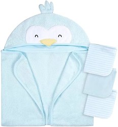 Gerber 嘉宝 婴儿 4 件套动物人物连帽毛巾和毛巾套装,蓝色企鹅,均码