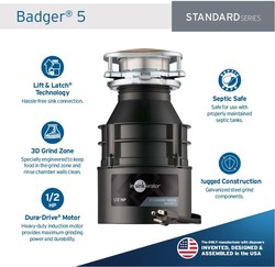 insinkerator 爱适易 垃圾处理器，带绳，Badger 5，1/2 马力，连续进食 黑色/灰色 1包 badger 5 w/cord 需配变压器