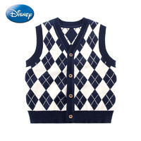 迪士尼（Disney）23年秋季男童马甲V领菱格开扣背心童装毛衣中小童针织衫 宝蓝 120cm