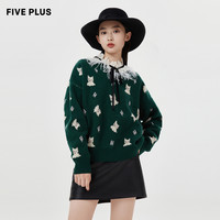 5+ Five Plus女冬装慵懒V领毛衣女宽松落肩袖套头衫卡通图案