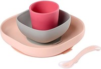 Beaba: 碧芭宝贝 BEABA - 硅胶喂养餐具套装 - 4 件套：盘子 + 碗 + 杯子 + 勺子 - 硅胶带强力吸盘 - 婴儿和儿童 - 粉色
