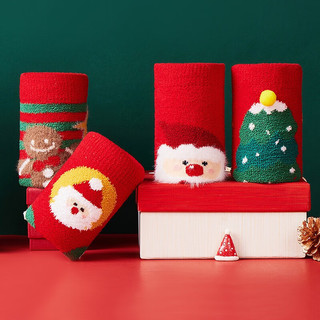芬腾袜子女2023欢乐圣诞暖绒卡通红色耐磨不起球中筒袜4双装 红色/大红/杏红/红条 均码