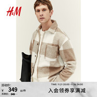 H&M男装衬衫外套冬季时尚柔软翻领长袖衬衫式上衣0934398 米色/格纹 170/92A
