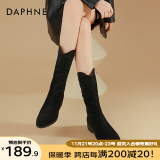 达芙妮（DAPHNE）复古长靴女冬不过膝粗腿堆堆靴棕色尖头长筒靴子女 黑色 35